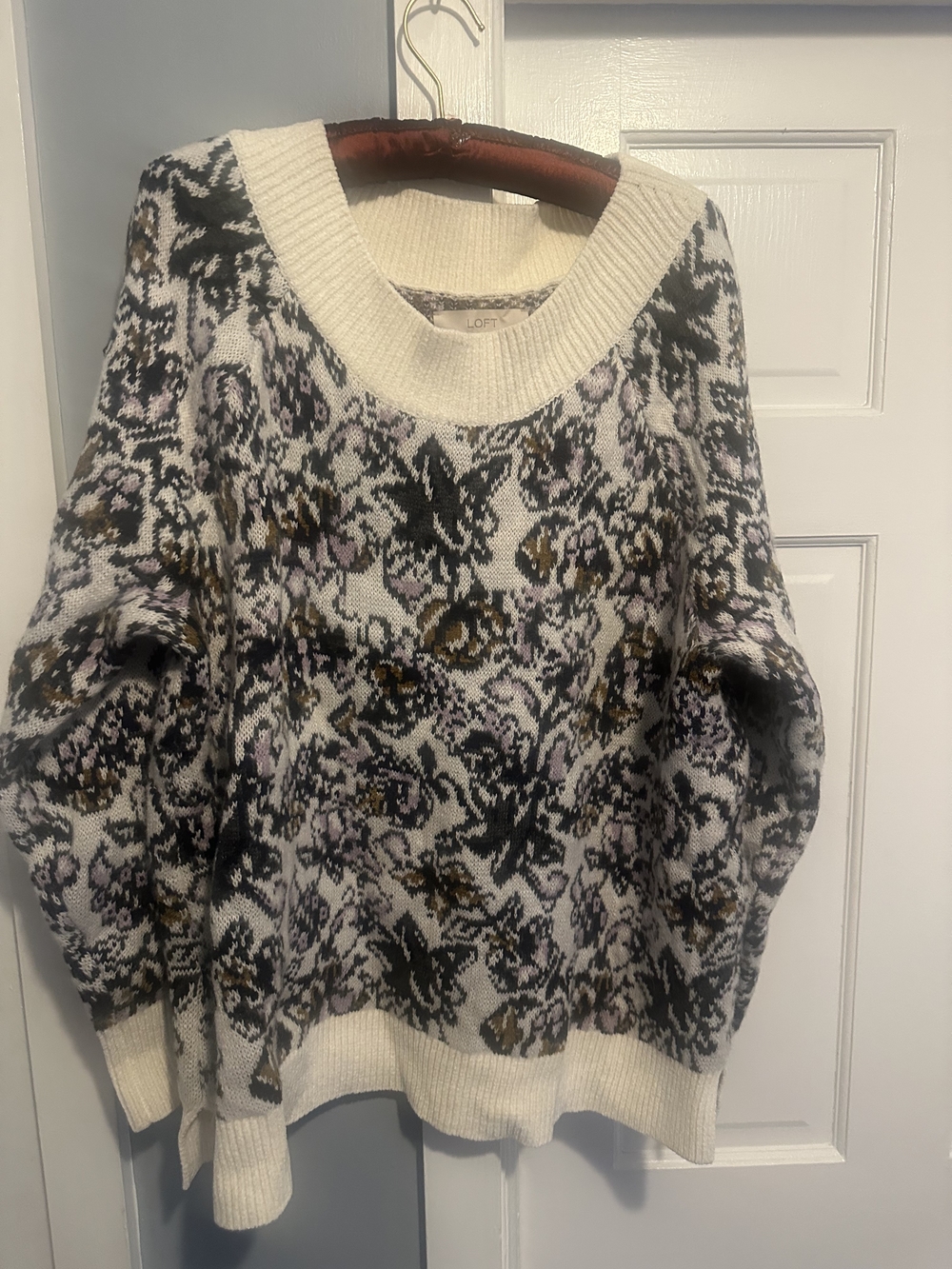 LOFT Cream Floral Crewneck Sweater with Black and Brown Accents XXL